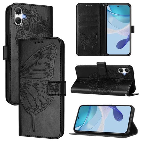 Funda de piel con diseño de mariposa en relieve para Samsung Galaxy A07 4G (negra)