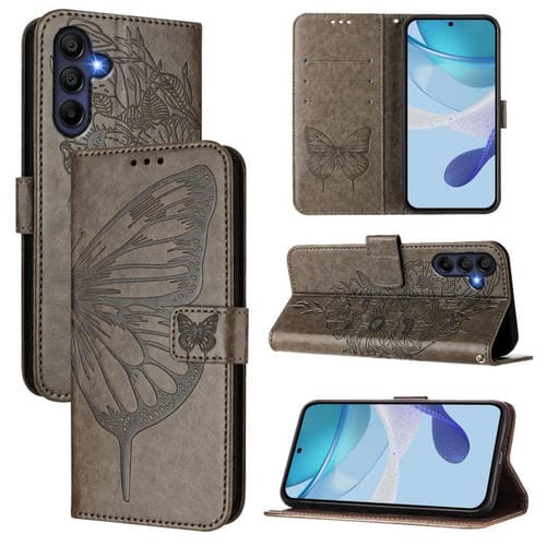 Funda de piel con diseño de mariposa en relieve para Samsung Galaxy A17 5G (gris)