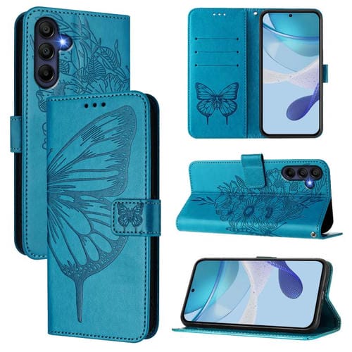 Funda de piel con diseño de mariposa en relieve para Samsung Galaxy A17 5G (azul)