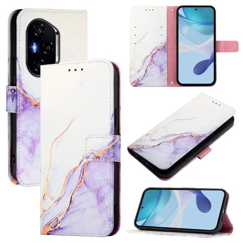 Funda de Cuero con Tapa y Diseño de Mármol para Honor 300 Pro/300 Ultra Pt003 (Blanco y Morado)