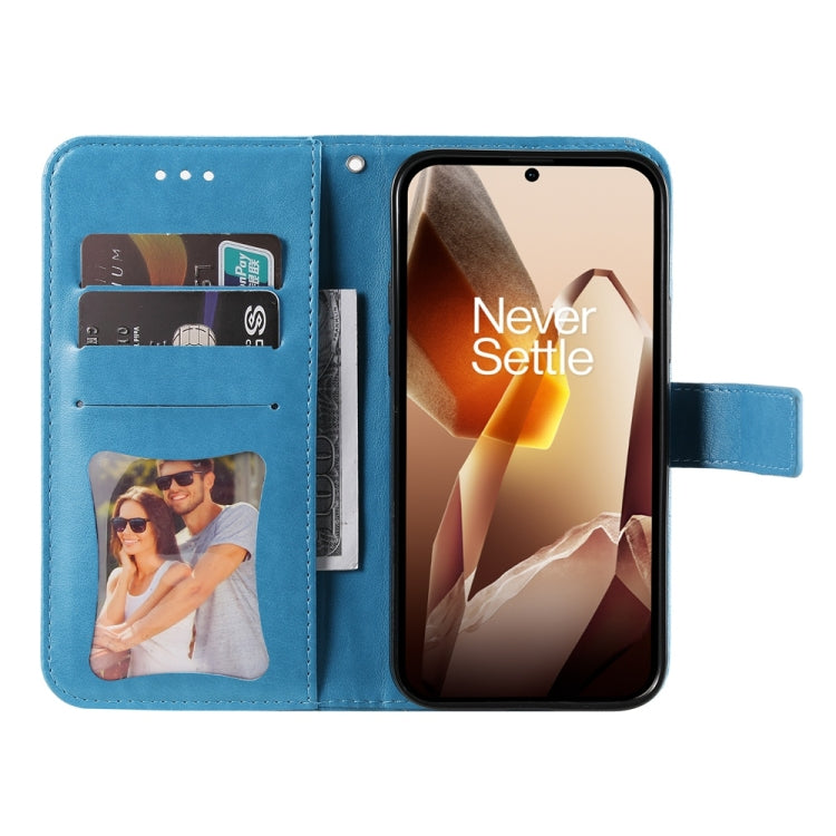 Funda de Cuero con Relieve Flores de Siete Pétalos para OnePlus 13 (Azul)