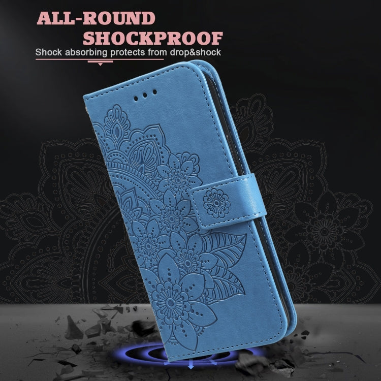 Funda de Cuero con Relieve Flores de Siete Pétalos para OnePlus 13 (Azul)