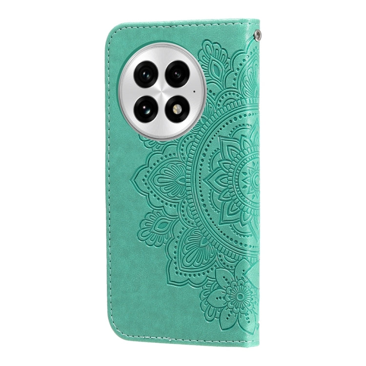 Funda de Cuero con Relieve Flores de Siete Pétalos para OnePlus 13 (Verde)