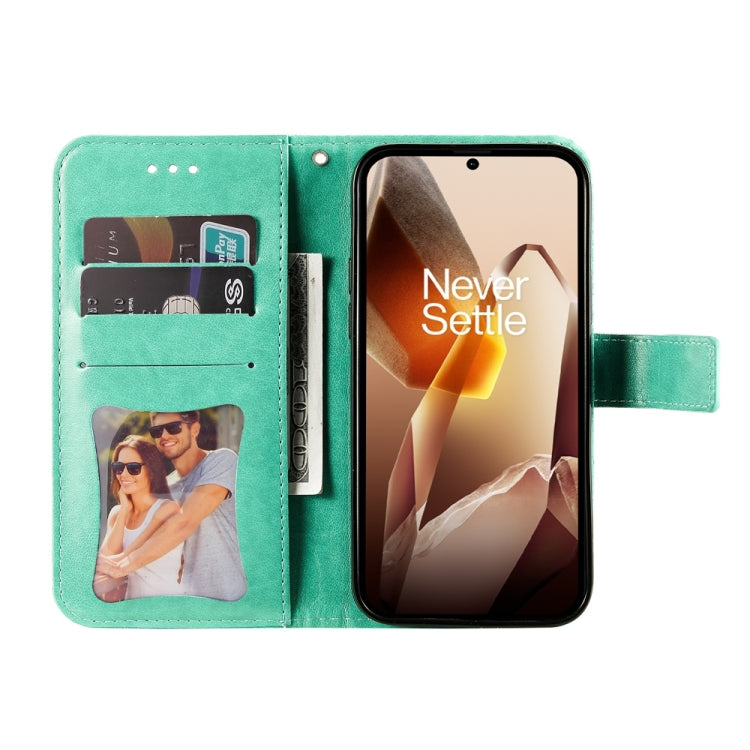 Funda de Cuero con Relieve Flores de Siete Pétalos para OnePlus 13 (Verde)