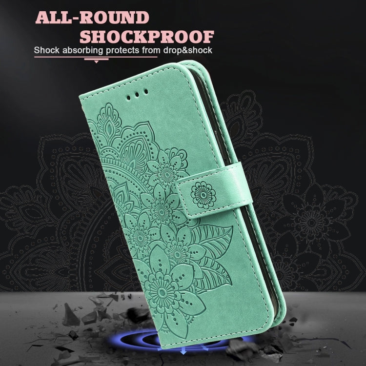 Funda de Cuero con Relieve Flores de Siete Pétalos para OnePlus 13 (Verde)