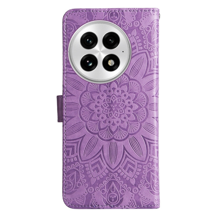 Funda de Piel para OnePlus 13 con Diseño de Girasol en Relieve (Morado)