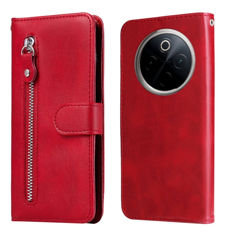 Funda de Piel con Cremallera y Textura de Becerro para OnePlus 13 (Rojo)
