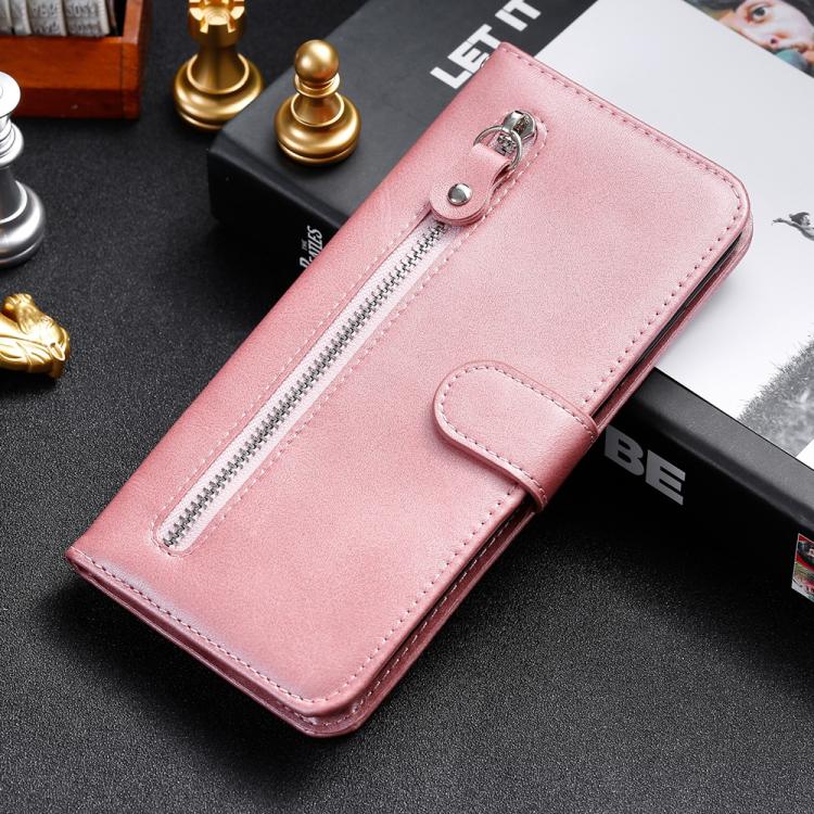 Funda de Piel Textura Becerro con Cremallera para OnePlus 13R/Ace 5/Ace 5 Pro (Oro Rosa)