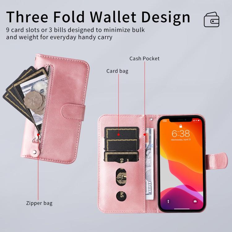 Funda de Piel Textura Becerro con Cremallera para OnePlus 13R/Ace 5/Ace 5 Pro (Oro Rosa)