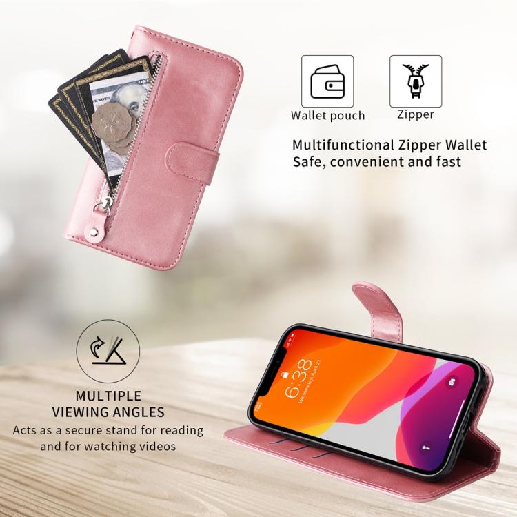 Funda de Piel Textura Becerro con Cremallera para OnePlus 13R/Ace 5/Ace 5 Pro (Oro Rosa)