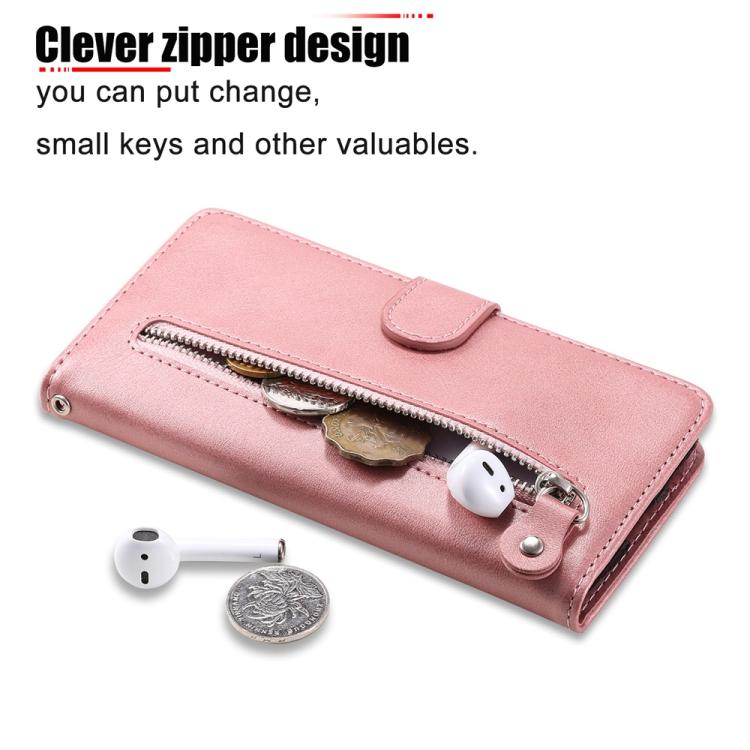 Funda de Piel Textura Becerro con Cremallera para OnePlus 13R/Ace 5/Ace 5 Pro (Oro Rosa)