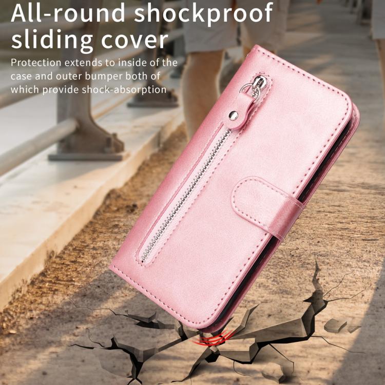 Funda de Piel Textura Becerro con Cremallera para OnePlus 13R/Ace 5/Ace 5 Pro (Oro Rosa)