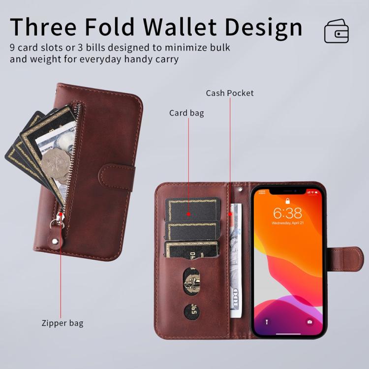 Funda de Piel con Textura de Becerro y Cremallera para OnePlus 13R/Ace 5/Ace 5 Pro (Marrón)