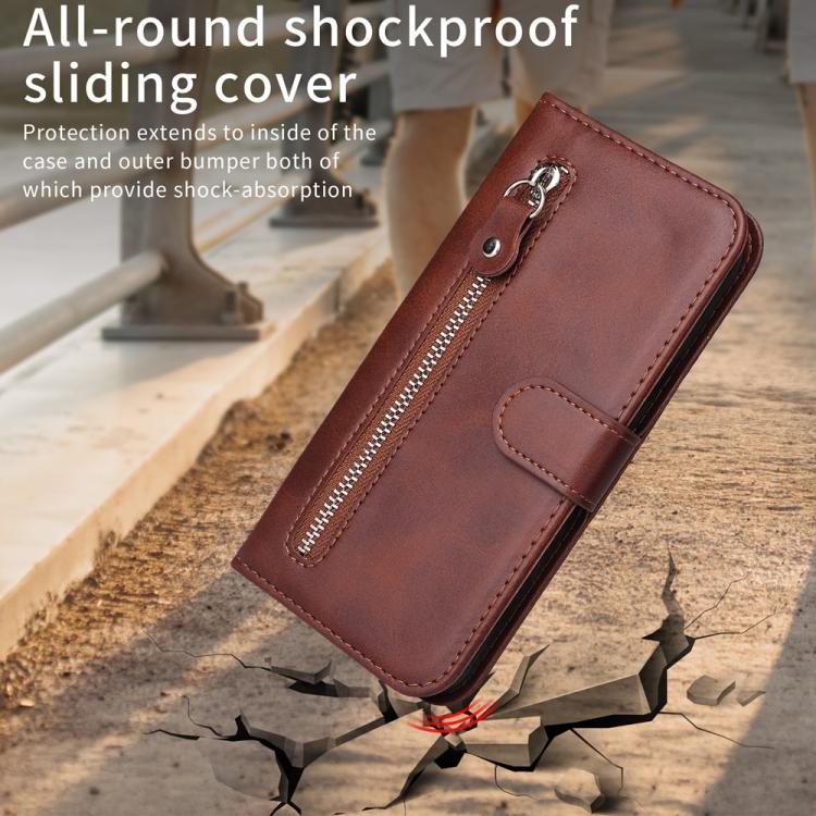 Funda de Piel con Textura de Becerro y Cremallera para OnePlus 13R/Ace 5/Ace 5 Pro (Marrón)