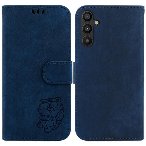 Para Samsung Galaxy A34 5G Funda para teléfono de cuero con relieve Little Tiger (azul oscuro)