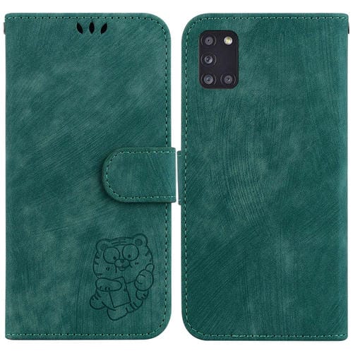 Para Samsung Galaxy A31 Funda para teléfono de cuero con relieve Little Tiger (verde)