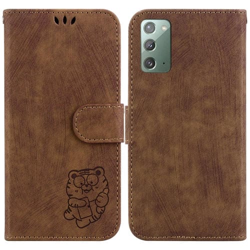 Para Samsung Galaxy Note20 Estuche para teléfono de cuero con relieve Little Tiger (marrón)