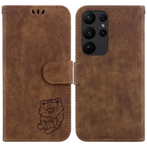 Para Samsung Galaxy S23 Ultra 5G Funda para teléfono de cuero con relieve Little Tiger (marrón)