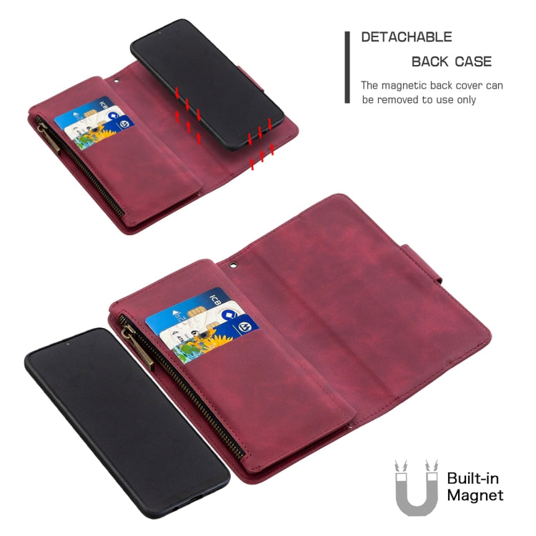 Estuche de Cuero PU para Samsung Galaxy A50 A30S A50S con Cremallera Magnética Desmontable Tapa Horizontal Ranuras Tarjetas Soporte Billetera Marco Fotos Cordón (Rojo)