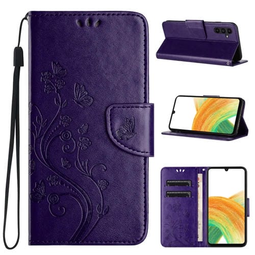 Funda de Teléfono Samsung Galaxy A15 Cuero con Tapa Patrón Flores Mariposa (Púrpura Oscuro)