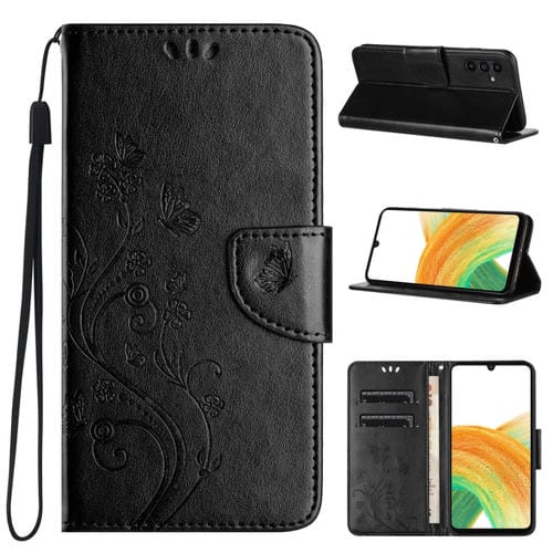 Funda de Cuero para Samsung Galaxy A55 con Tapa y Patrón de Flores de Mariposa (Negro)