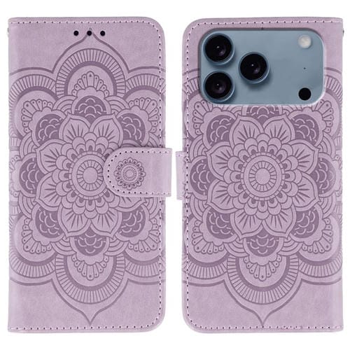 Funda de piel con estampado de mandala solar para iPhone 17 Pro Max (morada)