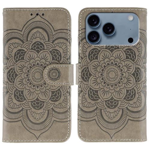 Funda de piel con estampado de mandala solar para iPhone 17 Pro (gris)