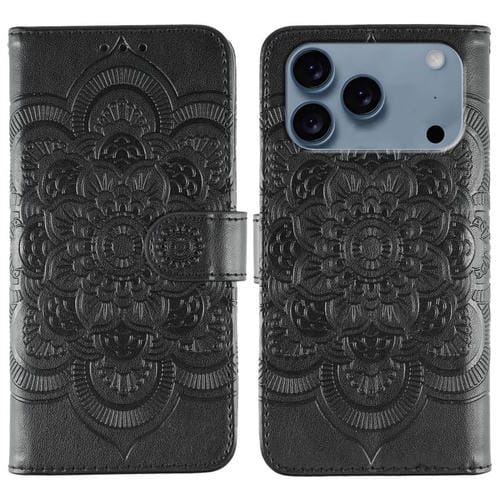 Funda de cuero con estampado de mandala solar para iPhone 17 Pro (negra)