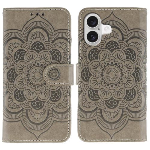 Funda de piel con estampado de mandala solar para iPhone 17 (gris)