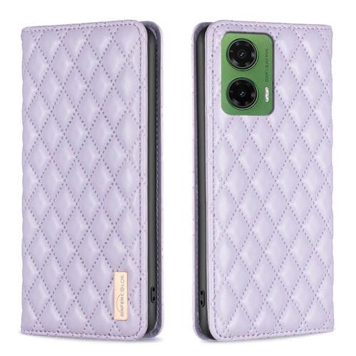 Funda de Cuero Magnética Tipo Cartera para Motorola Moto G35 Diamond Lattice (Morado)