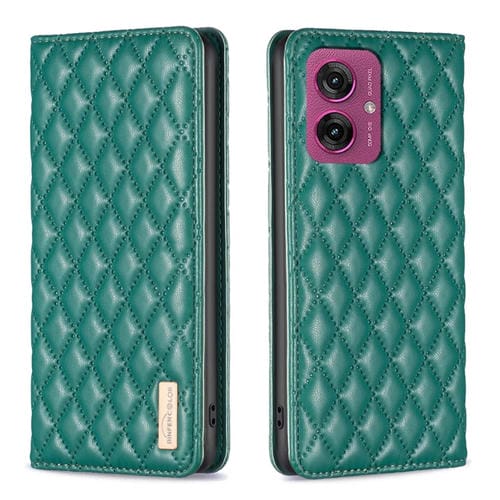 Funda de Cuero Magnética con Tapa Tipo Diamante para Motorola Moto G55 (Verde)