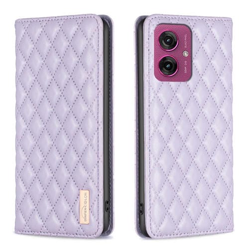 Funda de Cuero Magnética Tipo Cartera para Motorola Moto G55 Diamond Lattice (Morado)