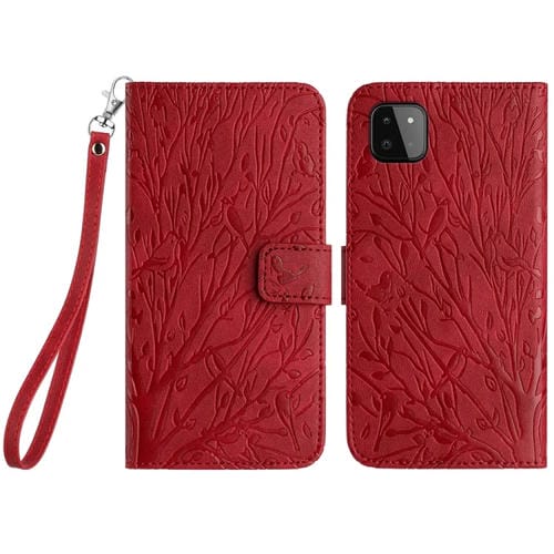 Funda para Teléfono Samsung Galaxy A22 5G Cuero Patrón En Relieve Tree Birds (Rojo)