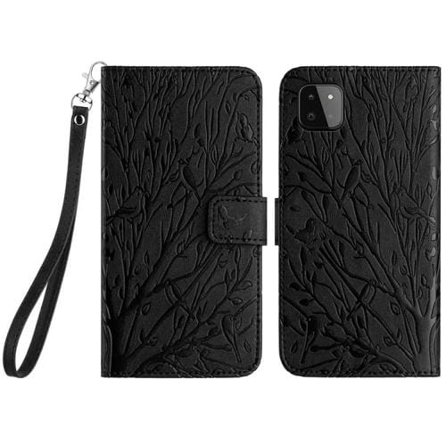 Funda para Teléfono Samsung Galaxy A22 5G Cuero con Patrón En Relieve Tree Birds (Negro)