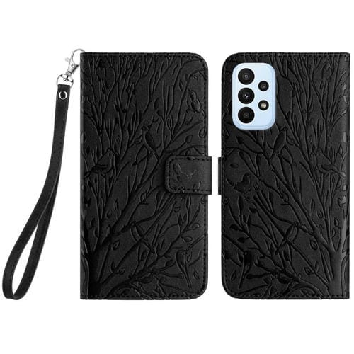Funda para Teléfono Samsung Galaxy A23 Cuero Patrón en Relieve Tree Birds (Negro)