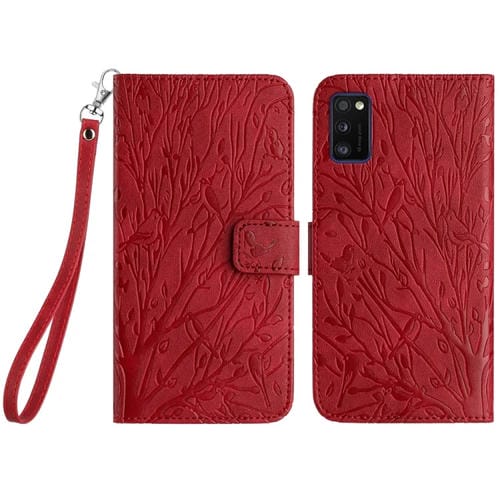 Funda para Teléfono Samsung Galaxy A41 Cuero con Patrón en Relieve Tree Birds (Rojo)