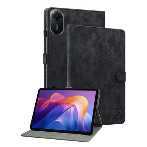 Funda de cuero con tapa y diseño de tigre para Redmi Pad 2 / Redmi Pad SE 11 2025 (negra)