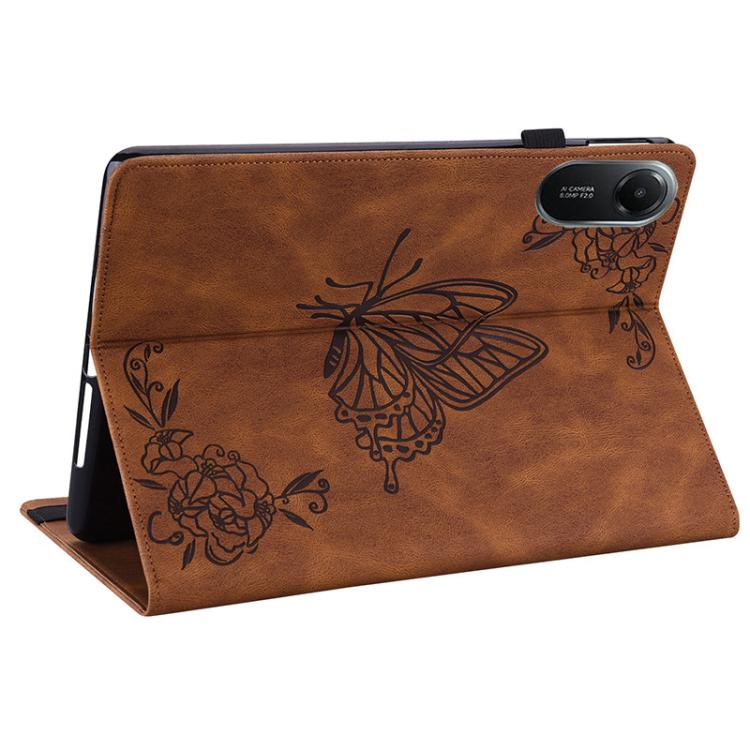 Funda de cuero con relieve de mariposa para Redmi Pad 2 / Redmi Pad SE 11 2025 (marrón)