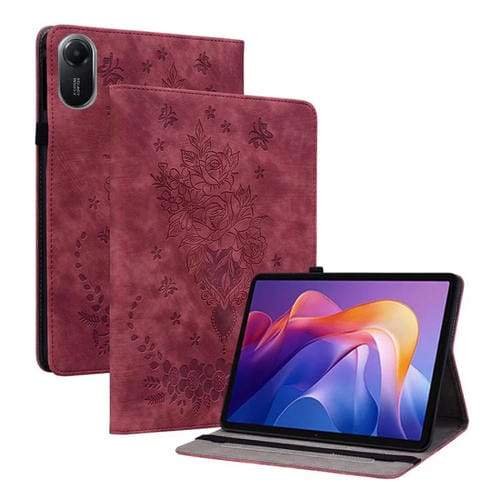 Funda de cuero con relieve mariposa rosa para Redmi Pad 2 / Redmi Pad SE 11 2025 (roja)
