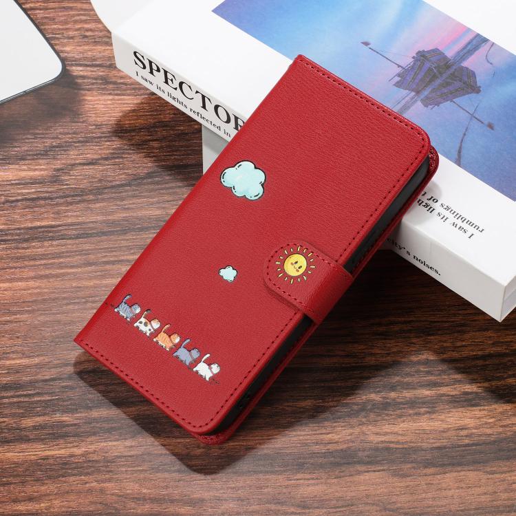 Funda de Piel con Dibujos de Gatos para iPhone 16E (Roja)