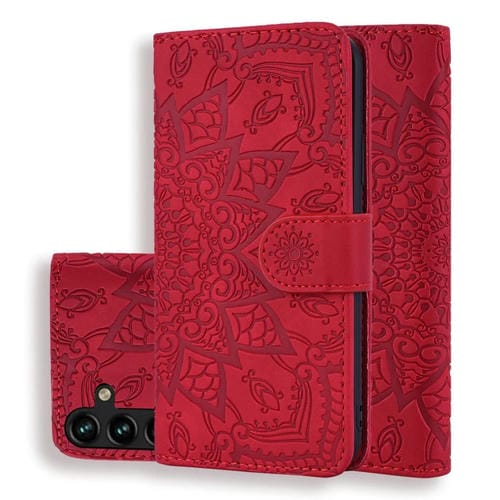 Funda para Teléfono Samsung Galaxy A55 5G Piel de Becerro Doble Pliegue Relieve Mandala (Rojo)