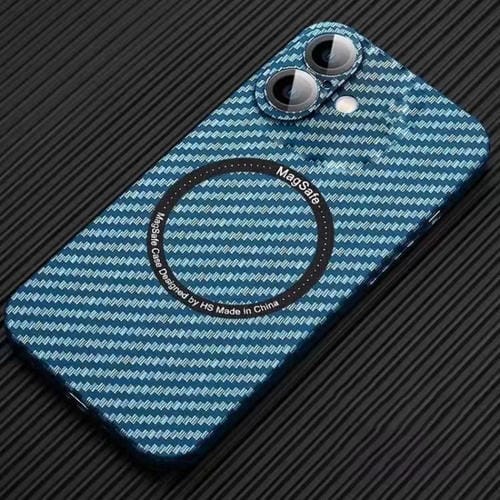 Funda para iPhone 16 Fibra de Carbono con Imán Magsafe para PC y Película para Lentes (Azul)