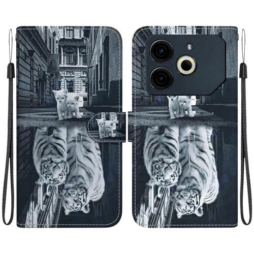 Funda de Cuero para Tecno Pova 6 Neo con Dibujo y Textura de Cristal (Reflejo de Tigre y Gato)