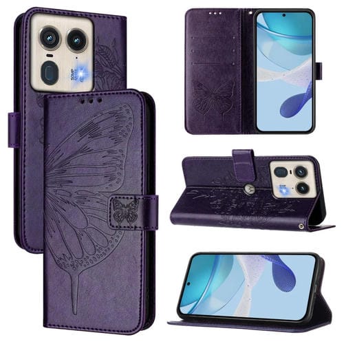 Funda de Cuero con Diseño de Mariposa en Relieve para Motorola Edge 50 5G (Morado Oscuro)