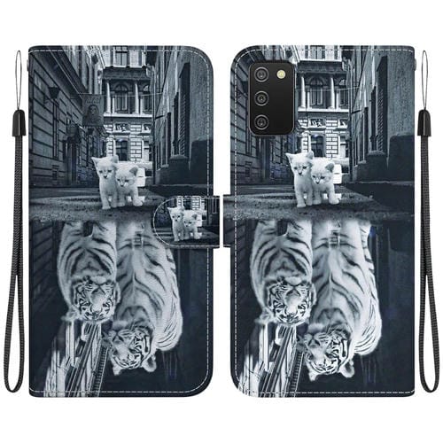Estuche de Cuero Samsung Galaxy A03S EE.UU con Dibujo Coloreado y Textura de Cristal (Reflejo de Tigre Gato)