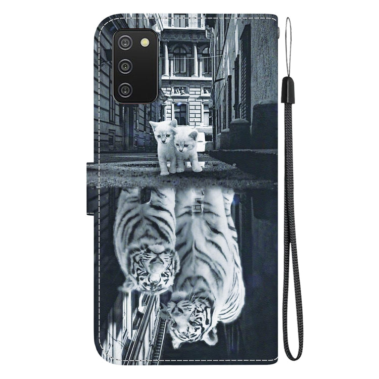 Estuche de Cuero Samsung Galaxy A03S EE.UU con Dibujo Coloreado y Textura de Cristal (Reflejo de Tigre Gato)