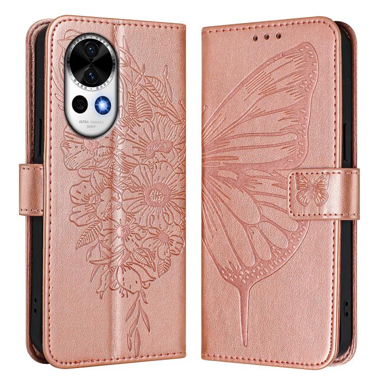 Funda de Cuero Huawei Nova 13/Nova 12 con Diseño Mariposa en Relieve (Oro Rosa)