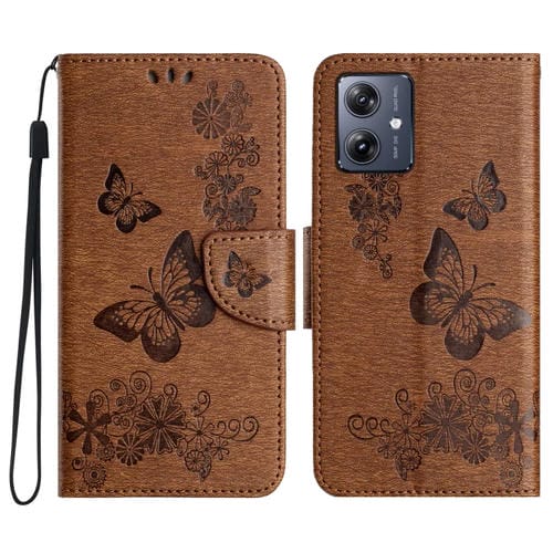 Funda de Cuero con Tapa y Mariposas en Relieve para Motorola Moto G35 (Marrón)