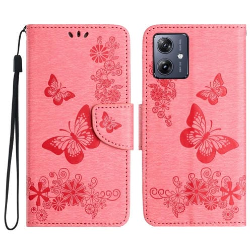 Funda de Cuero con Tapa y Mariposas en Relieve para Motorola Moto G55 (Rosa)