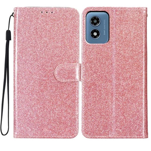 Funda de Cuero con Tapa y Purpurina para Motorola Moto G Play (2024) (Oro Rosa)
